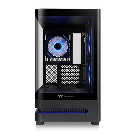 Schwarzes Arcus 190 TG ARGB Micro-Tower-Gehäuse mit säulenlosem Panorama-Design aus Tempered Glass und blauer Beleuchtung.