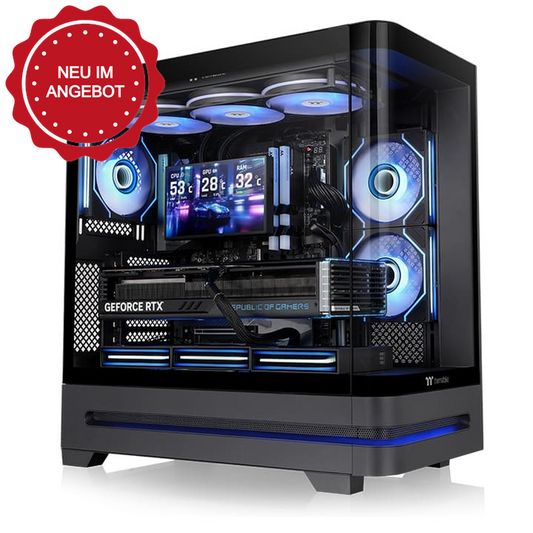 Schwarzes Arcus 290 TG ARGB Mid-Tower-Gehäuse mit gebogenem Panorama-Glas, Infinity-Lüftern und interner Hardware-Beleuchtung.
