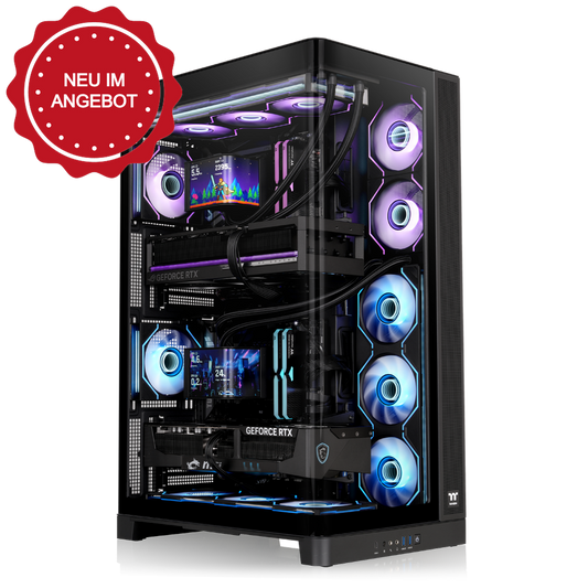 Schwarzes CAPO X Dual-System PC-Gehäuse mit Glasfront, RGB-Lüftern und zwei verbauten High-End-Grafikkarten.