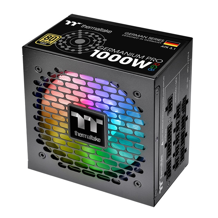 Das Germanium Pro RGB 1000W Black ist ein 80 PLUS Gold-zertifiziertes PC-Netzteil (PSU) mit der Spezifikation ATX 3.1 und ist sogar mit einem nativen PCIe Gen 5.1 12+4-Pin-Anschluss ausgestatt.