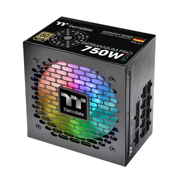 Das Germanium Pro RGB 750W Black ist ein 80 PLUS Gold-zertifiziertes PC-Netzteil (PSU) mit der Spezifikation ATX 3.1 und ist sogar mit einem nativen PCIe Gen 5.1 12+4-Pin-Anschluss ausgestatt.