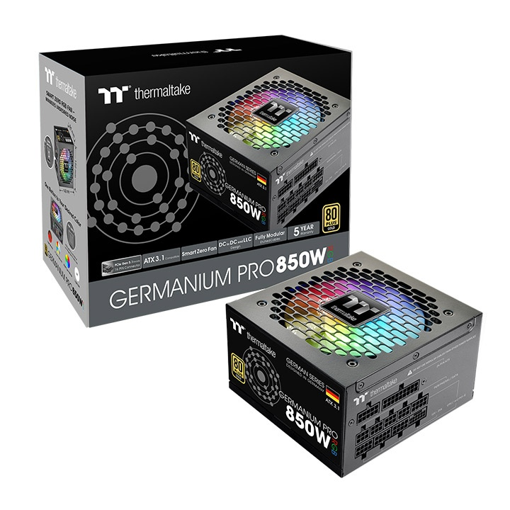 Das Germanium Pro RGB 850W Black ist ein 80 PLUS Gold-zertifiziertes PC-Netzteil (PSU) mit der Spezifikation ATX 3.1 und ist sogar mit einem nativen PCIe Gen 5.1 12+4-Pin-Anschluss ausgestatt.