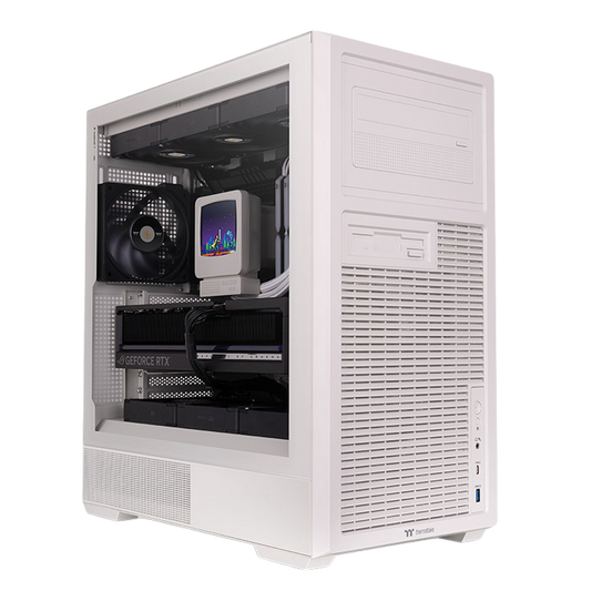 ATX PC-Gehäuse in Beige mit Retro-Design, Vintage-Front, Tempered-Glass-Seitenfenster und klassischer Desktop-Optik für Gaming-PCs