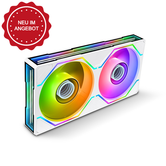 Weißer SWAFAN 240 UNIFY ARGB Gehäuselüfter im 2-Pack mit Infinity Mirror Beleuchtung und Single-Frame-Design.