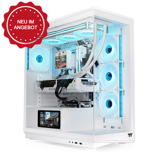 Weißes Stage 450 TG ARGB PC-Gehäuse mit Tempered Glass, Infinity-Lüftern und integriertem Display-Modul.