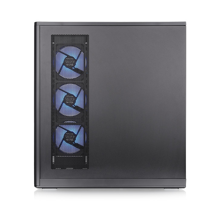 Schwarzes Stage 500 TG ARGB PC-Gehäuse mit drei beleuchteten Infinity-Lüftern hinter einem vertikalen Mesh-Gitter.
