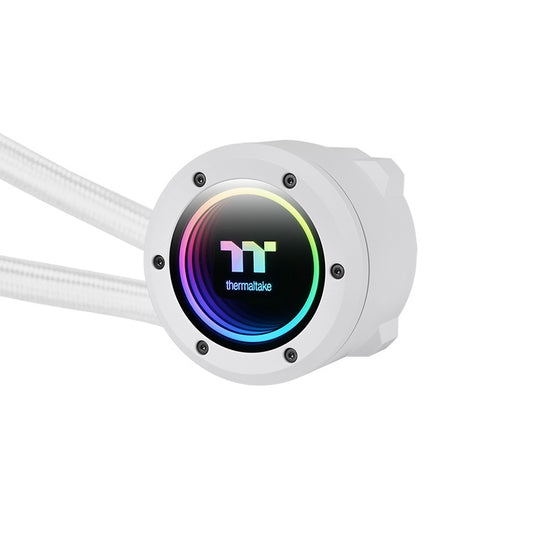 Die TH360 V2 ARGB Snow White AIO Wasserkühlung hat 3xCT120 Gehäuselüfter (25,8 dB-A) und einen Wasserblock mit Infinity Mirror Light Design.