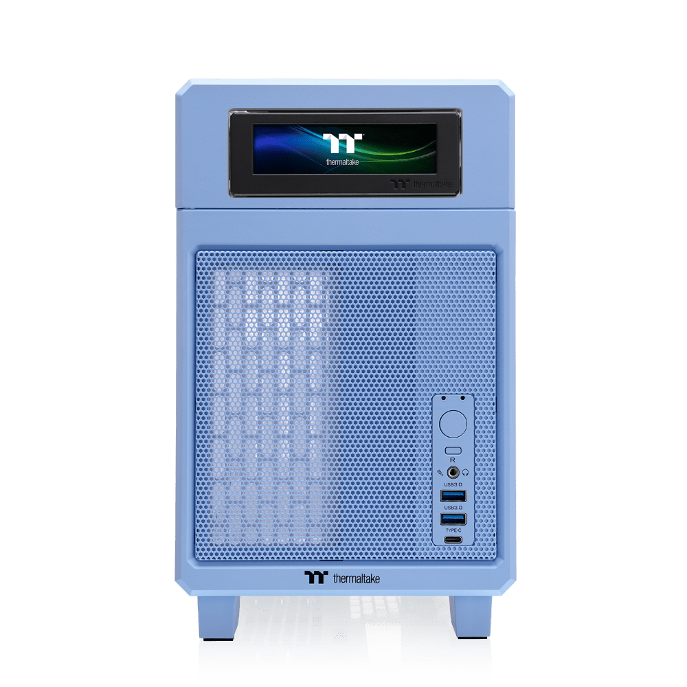 Das TR100 ist ein kompaktes PC Mini-ITX-Gehäuse (Tower) in Hydrangea Blue