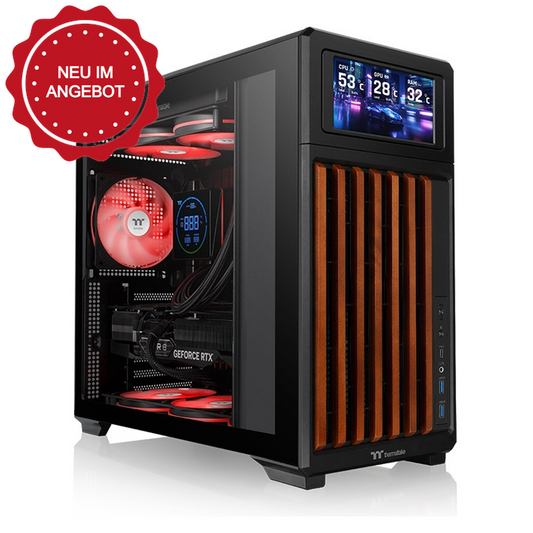 Entdecke das neue TR300 WS ATX Midi PC Gehäuse Black mit stilvollen Holzelementen mit optionales 6,0-Zoll-LCD-Bildschirm-Kit