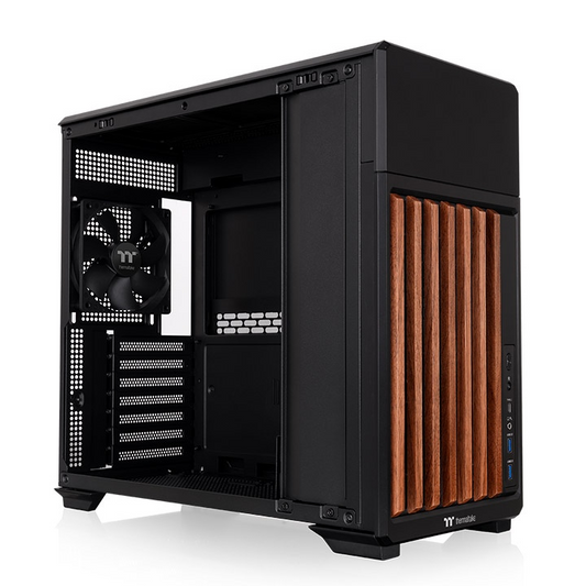 Entdecke das neue TR300 WS ATX Midi PC Gehäuse Black mit stilvollen Holzelementen mit optionales 6,0-Zoll-LCD-Bildschirm-Kit