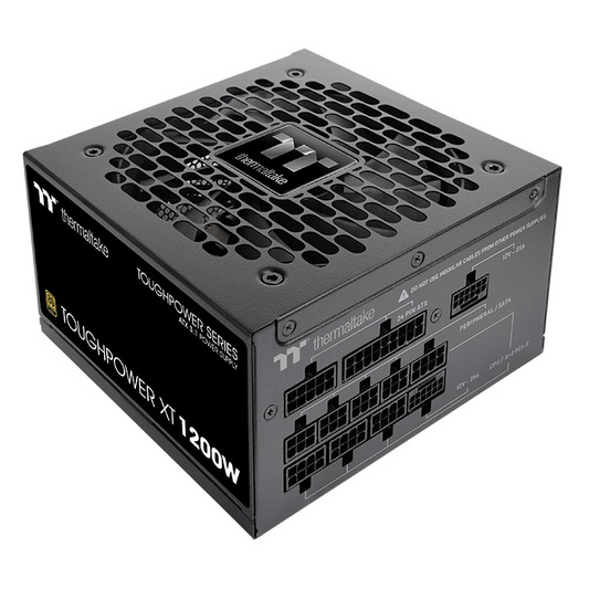Schwarzes Thermaltake Toughpower XT 1200W PC-Netzteil mit modularen Anschlüssen und markantem Wabengitter-Lüfterdesign.