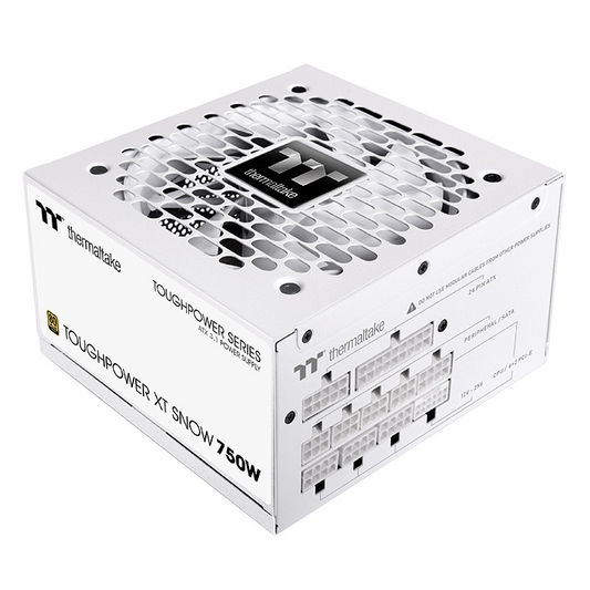 Weißes Thermaltake Toughpower XT 750W PC-Netzteil mit modularen Anschlüssen und integriertem Lüftergitter.
