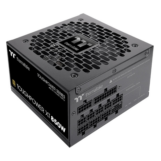 Schwarzes Thermaltake Toughpower XT 850W Gold Netzteil mit modularen Anschlüssen und wabenförmigem Lüftergitter.