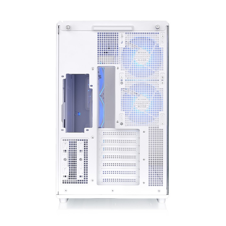 Weißes View 590 TG ARGB PC-Gehäuse mit Dual-Chamber-Design, Lüftergittern und sichtbaren ARGB-Lüftern in der Rückansicht.