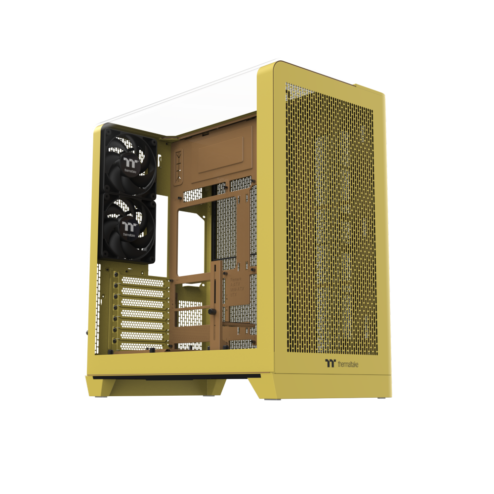Das View 390 Air ist ein Midi ATX PC-Gehaeuse mit gebogenen TG-Panel, Hidden Connector und hervorrangender Luftkühlung durch zwei CT120 Fans und Mesh-Frontpanel in der Farbe Butter Caramel (Gelb).
