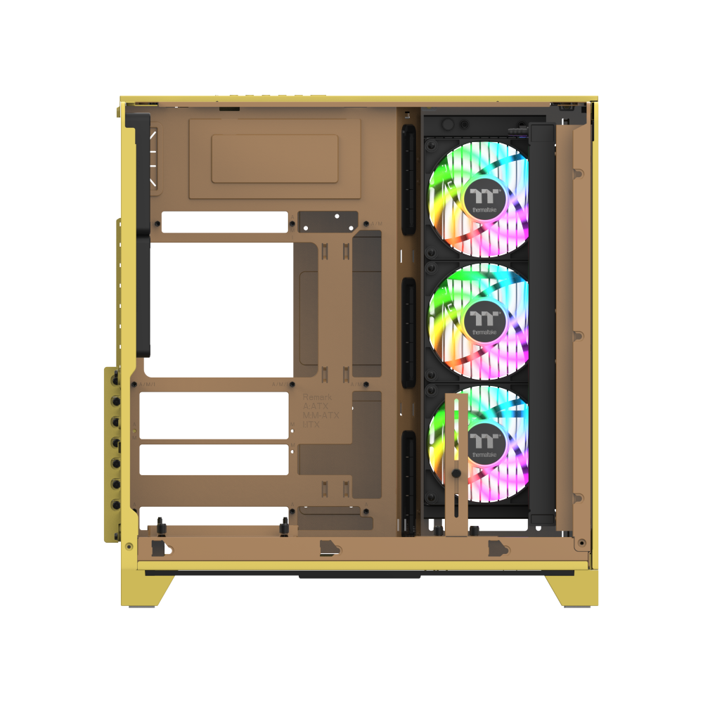 Das View 390 Air ist ein Midi ATX PC-Gehaeuse mit gebogenen TG-Panel, Hidden Connector und hervorrangender Luftkühlung durch zwei CT120 Fans und Mesh-Frontpanel in der Farbe Butter Caramel (Gelb).