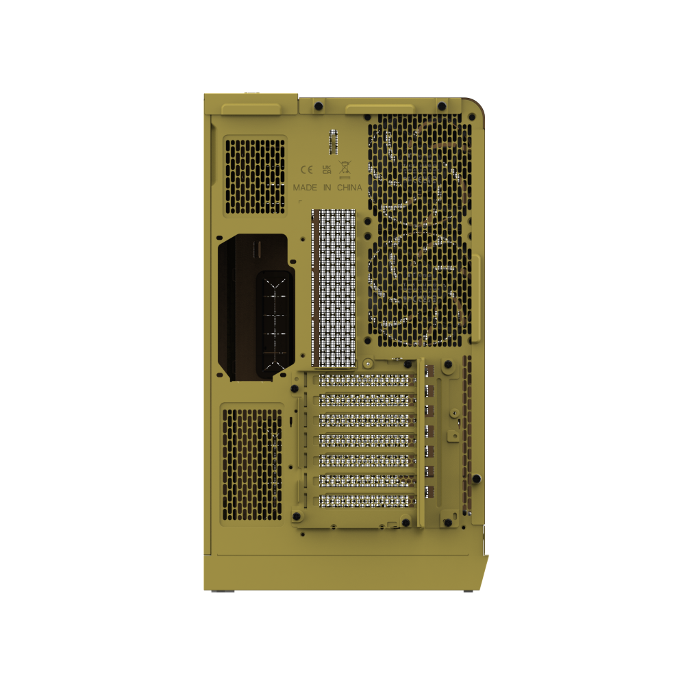 Das View 390 Air ist ein Midi ATX PC-Gehaeuse mit gebogenen TG-Panel, Hidden Connector und hervorrangender Luftkühlung durch zwei CT120 Fans und Mesh-Frontpanel in der Farbe Butter Caramel (Gelb).