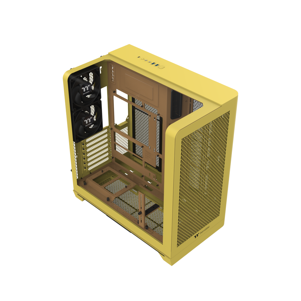 Das View 390 Air ist ein Midi ATX PC-Gehaeuse mit gebogenen TG-Panel, Hidden Connector und hervorrangender Luftkühlung durch zwei CT120 Fans und Mesh-Frontpanel in der Farbe Butter Caramel (Gelb).