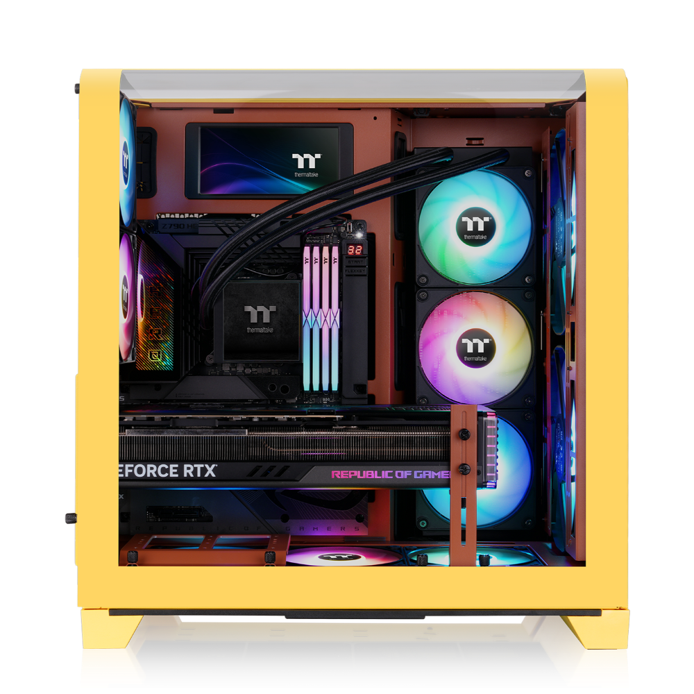 Das View 390 Air ist ein Midi ATX PC-Gehaeuse mit gebogenen TG-Panel, Hidden Connector und hervorrangender Luftkühlung durch zwei CT120 Fans und Mesh-Frontpanel in der Farbe Butter Caramel (Gelb).