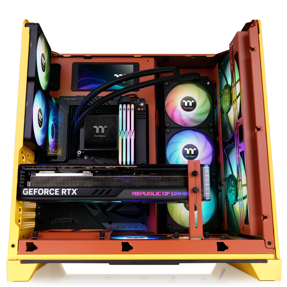 Das View 390 Air ist ein Midi ATX PC-Gehaeuse mit gebogenen TG-Panel, Hidden Connector und hervorrangender Luftkühlung durch zwei CT120 Fans und Mesh-Frontpanel in der Farbe Butter Caramel (Gelb).