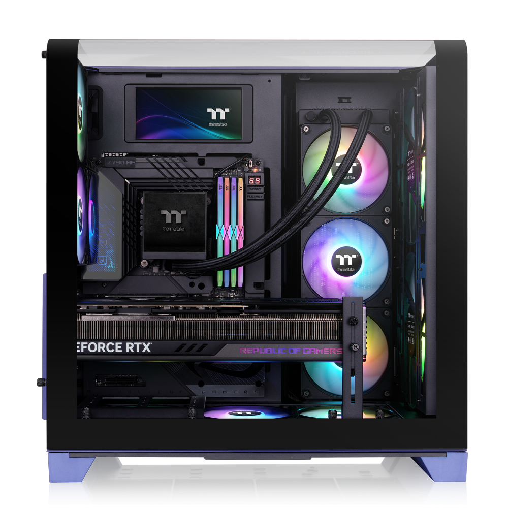 Das View 390 Air ist ein Midi ATX PC-Gehaeuse mit gebogenen TG-Panel, Hidden Connector und hervorrangender Luftkühlung durch zwei CT120 Fans und Mesh-Frontpanel in der Farbe Future Dusk (Violett).