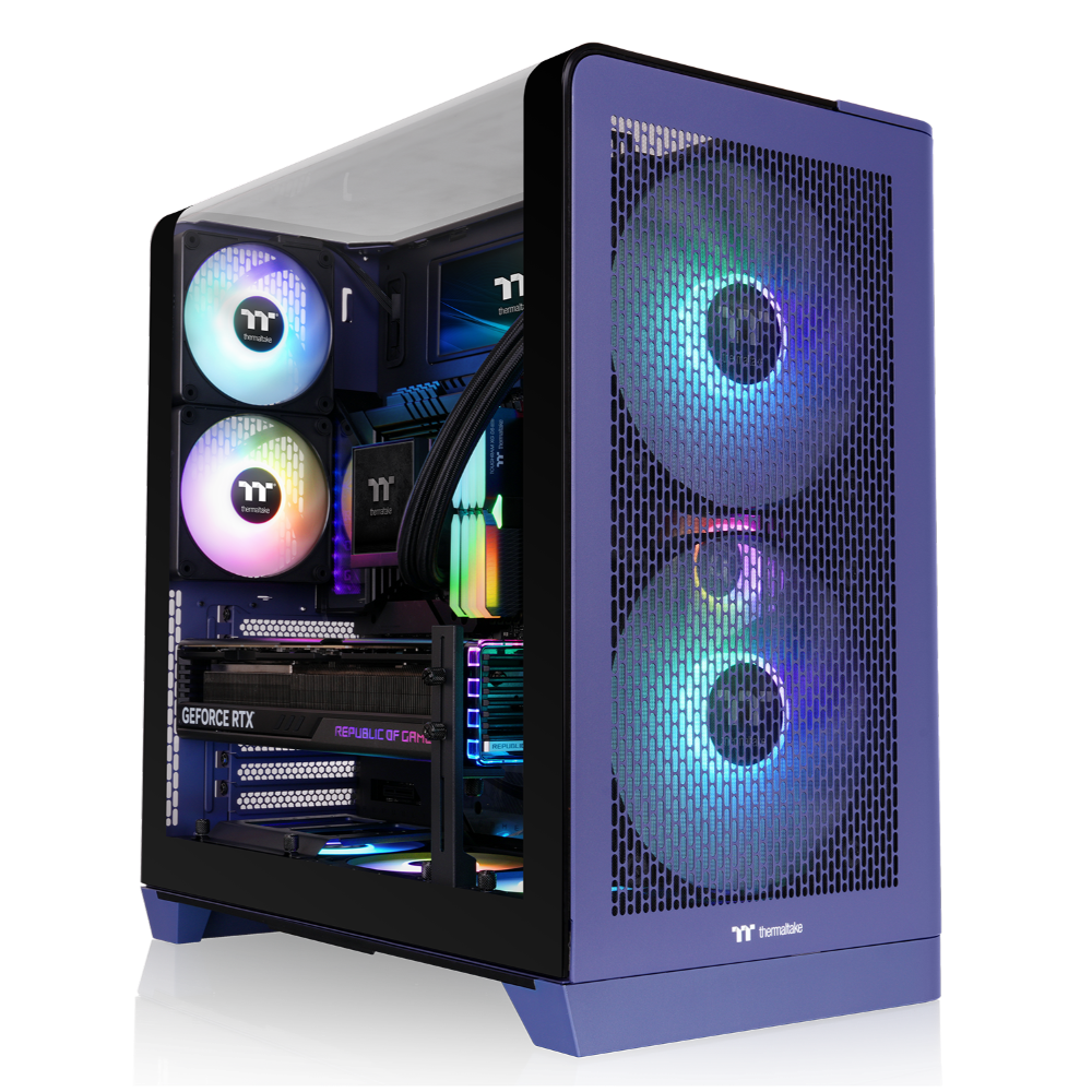 Das View 390 Air ist ein Midi ATX PC-Gehaeuse mit gebogenen TG-Panel, Hidden_Connector und hervorrangender Luftkühlung durch CT120 Fans und Mesh-Frontpanel in der Farbe Future Dusk (Violett).