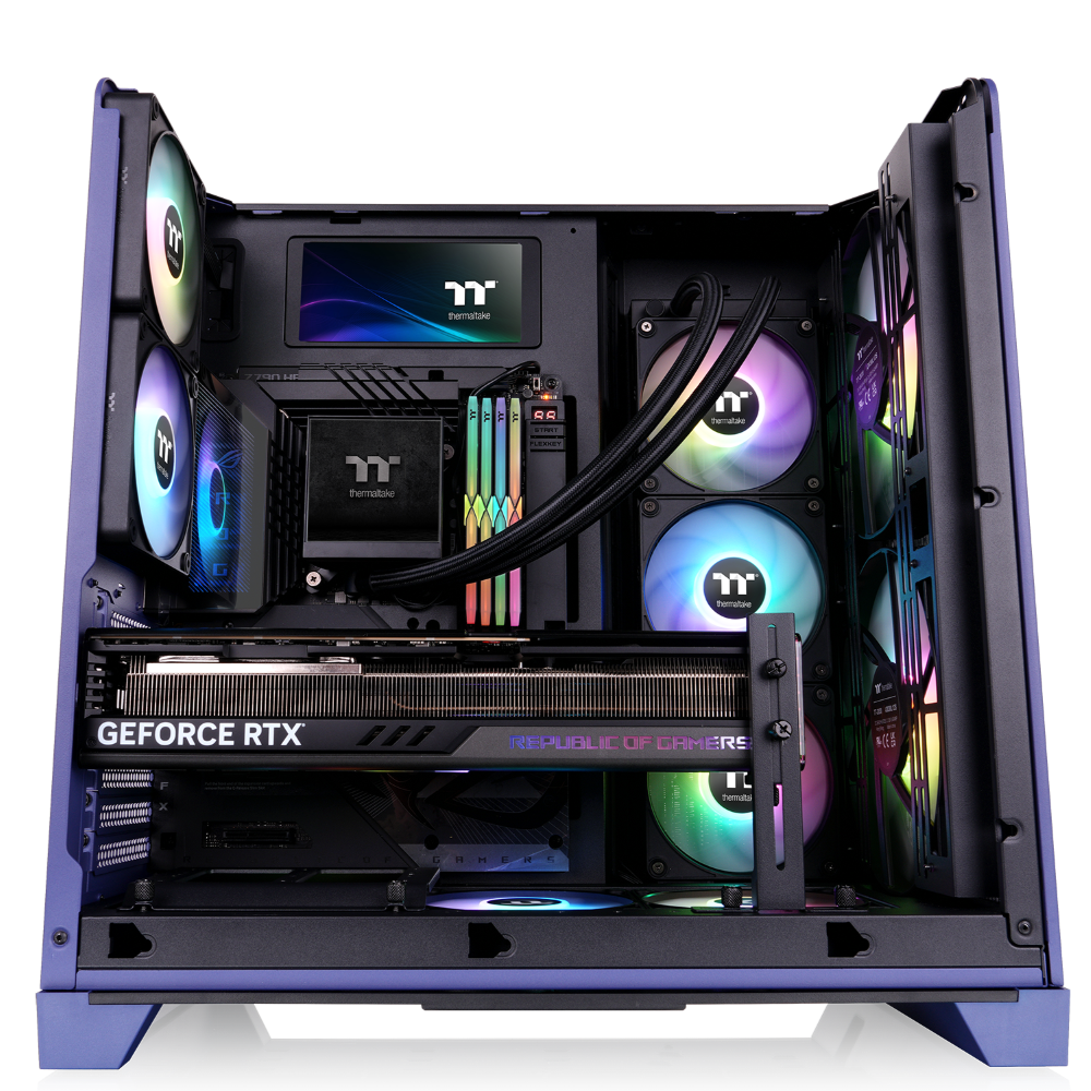 Das View 390 Air ist ein Midi ATX PC-Gehaeuse mit gebogenen TG-Panel, Hidden Connector und hervorrangender Luftkühlung durch zwei CT120 Fans und Mesh-Frontpanel in der Farbe Future Dusk (Violett).