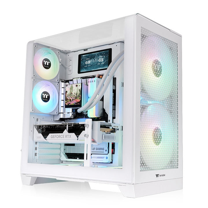 Das View 390 Air ist ein Midi ATX PC-Gehaeuse mit gebogenen TG-Panel, Hidden_Connector und hervorrangender Luftkühlung durch CT120 Fans und Mesh-Frontpanel in der Farbe Snow White.
