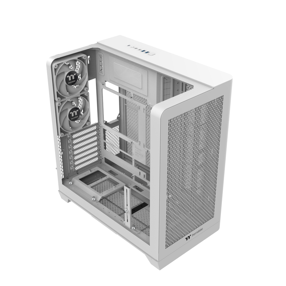 Das View 390 Air ist ein Midi ATX PC-Gehaeuse mit gebogenen TG-Panel, Hidden_Connector und hervorrangender Luftkühlung durch CT120 Fans und Mesh-Frontpanel in der Farbe Snow White.