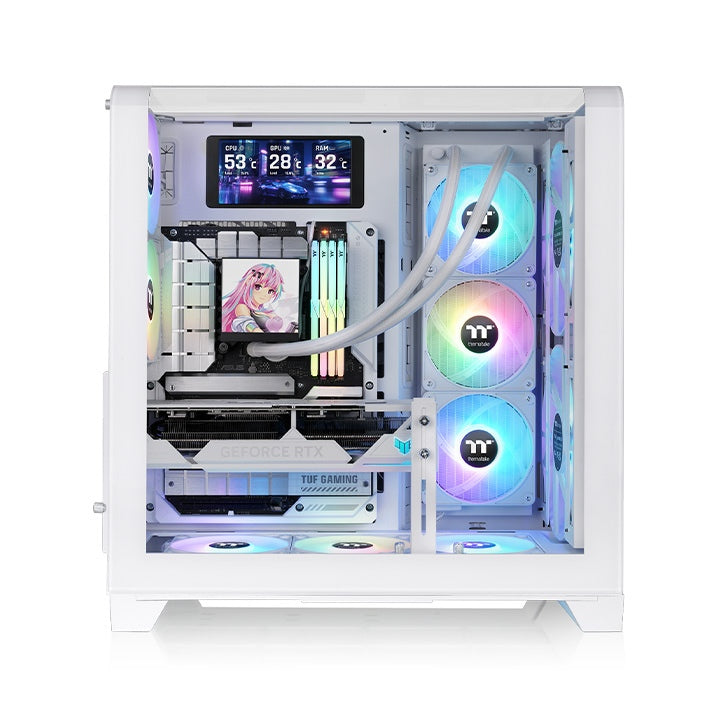Das View 390 Air ist ein Midi ATX PC-Gehaeuse mit gebogenen TG-Panel, Hidden_Connector und hervorrangender Luftkühlung durch CT120 Fans und Mesh-Frontpanel in der Farbe Snow White.