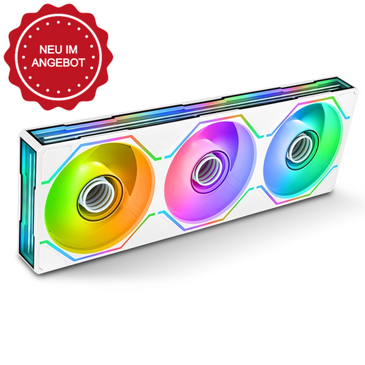 Weißes SWAFAN 360 UNIFY ARGB 3-Pack Lüfter-Set mit Infinity-Mirror-Beleuchtung und durchgängigem Single-Frame-Design.
