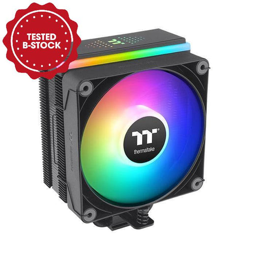 Schwarzer ASTRIA 200 ARGB CPU-Kühler mit bunt beleuchtetem Lüfter und digitalem Display auf der Oberseite.