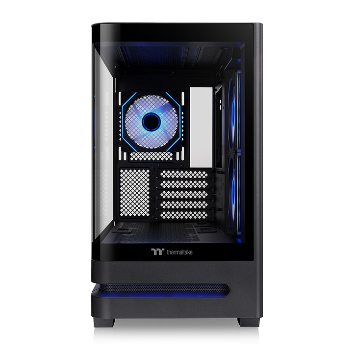 Schwarzes Arcus 190 TG ARGB Micro-Tower-Gehäuse mit säulenlosem Panorama-Design aus Tempered Glass und blauer Beleuchtung.