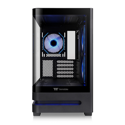 Schwarzes Arcus 190 TG ARGB Micro-Tower-Gehäuse mit säulenlosem Panorama-Design aus Tempered Glass und blauer Beleuchtung.