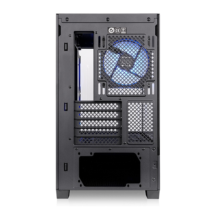 Rückansicht des schwarzen Arcus 190 TG ARGB Micro-Tower-Gehäuses mit blau beleuchtetem Lüfter und Erweiterungsslots.