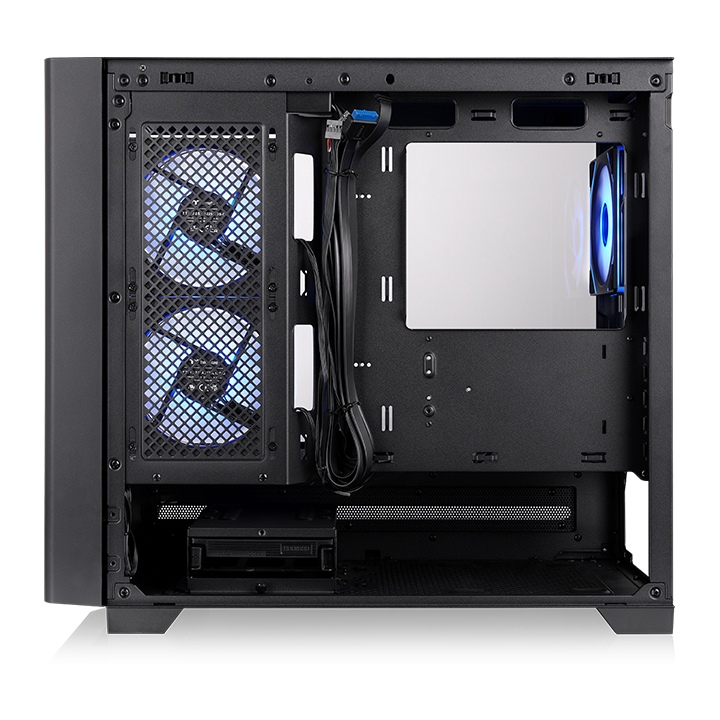 Schwarzes Arcus 190 TG ARGB Micro-Tower-Gehäuse mit sichtbarem Innenraum, blauen Lüftern und Kabelmanagement-Optionen.