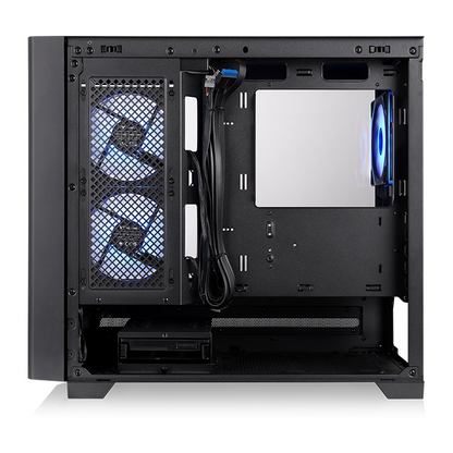 Schwarzes Arcus 190 TG ARGB Micro-Tower-Gehäuse mit sichtbarem Innenraum, blauen Lüftern und Kabelmanagement-Optionen.