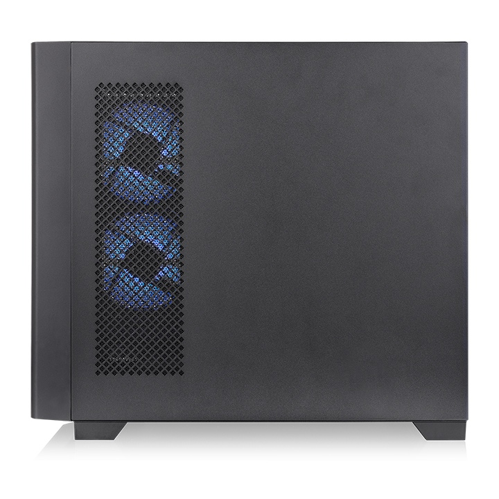 Schwarzes Arcus 190 TG ARGB PC-Gehäuse mit Seitenwand aus Metall und sichtbaren blau beleuchteten Lüftern.