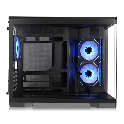 Schwarzes Arcus 280 TG Micro-Tower-Gehäuse mit Panorama-Glasfront und beleuchteten Infinity-ARGB-Lüftern.