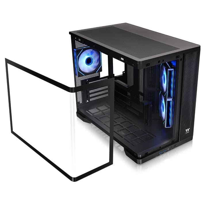 Schwarzes Arcus 280 TG Micro-Tower-Gehäuse mit abnehmbarer, gebogener Panorama-Glasscheibe und beleuchteten ARGB-Lüftern.