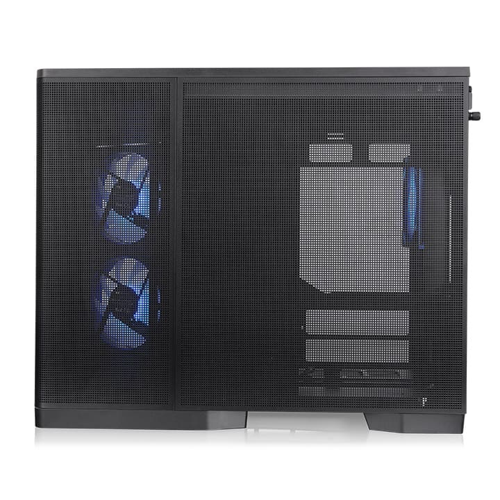 Schwarzes Arcus 280 TG Micro-Tower-Gehäuse mit Mesh-Front, Seitenteil und beleuchteten ARGB-Lüftern.