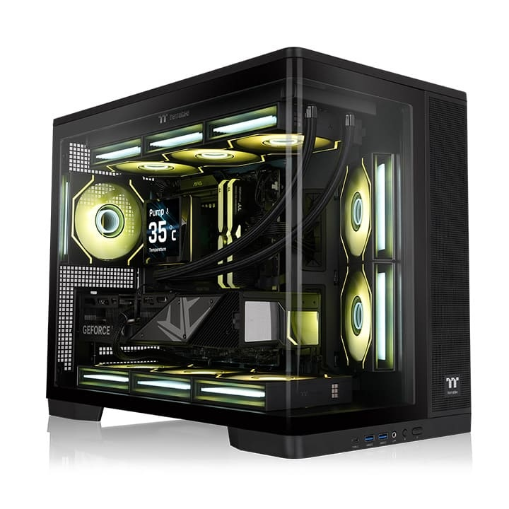 Schwarzes Arcus 280 TG Micro-Tower-Gehäuse mit Panorama-Glasfront, beleuchteten ARGB-Lüftern und moderner Gaming-Hardware.