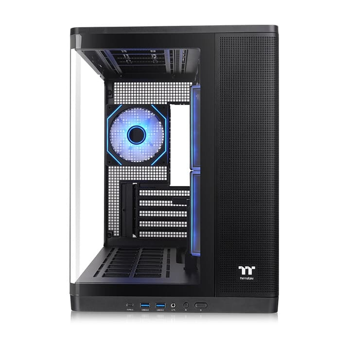 Schwarzes Arcus 280 TG Micro-Tower-Gehäuse mit Panorama-Glasfront und beleuchtetem ARGB-Lüfter.