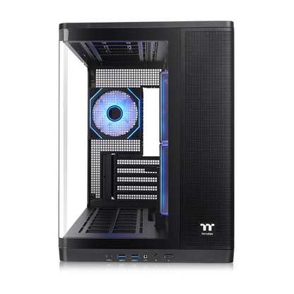 Schwarzes Arcus 280 TG Micro-Tower-Gehäuse mit Panorama-Glasfront und beleuchtetem ARGB-Lüfter.