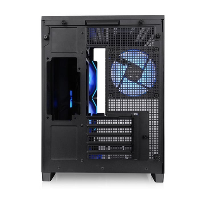 Rückansicht des schwarzen Arcus 280 TG PC-Gehäuses mit Lüftergitter, Erweiterungsslots und blau beleuchtetem Gehäuselüfter.
