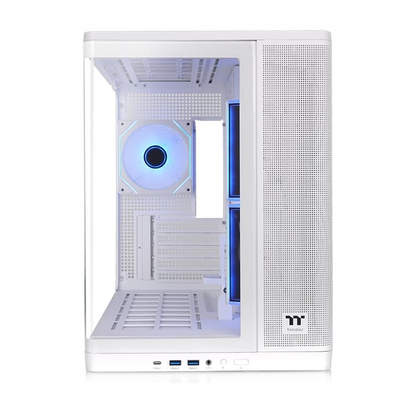Weißes Arcus 280 TG Micro-Tower-Gehäuse mit gebogener Panorama-Glasscheibe und vorinstallierten ARGB-Lüftern.