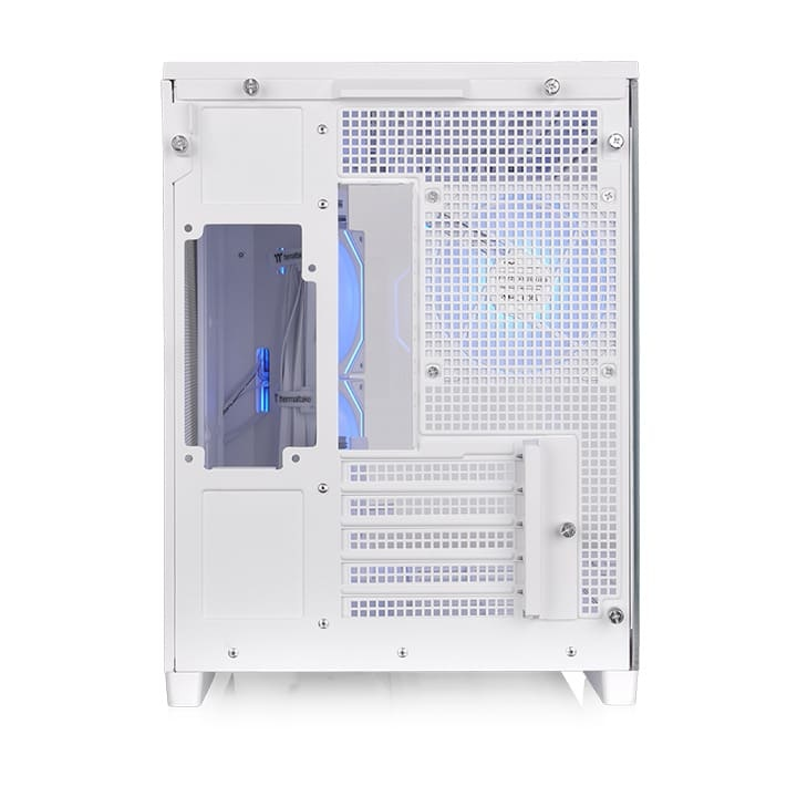 Rückansicht des weißen Arcus 280 TG Micro-Tower-Gehäuses mit Lüftergitter und Slot-Blenden für Hidden-Connector-Mainboards.