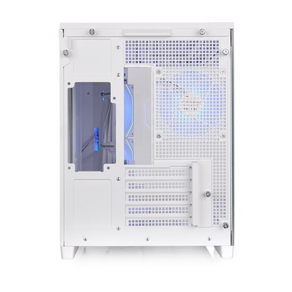 Rückansicht des weißen Arcus 280 TG Micro-Tower-Gehäuses mit Lüftergitter und Slot-Blenden für Hidden-Connector-Mainboards.