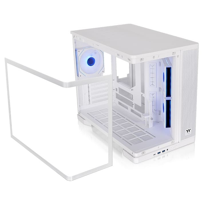 Weißes Arcus 280 TG Micro-Tower-Gehäuse mit abnehmbarer, gebogener Panorama-Glasscheibe und vorinstallierten ARGB-Lüftern.