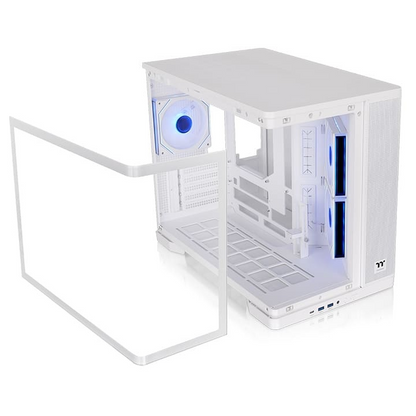 Weißes Arcus 280 TG Micro-Tower-Gehäuse mit abnehmbarer, gebogener Panorama-Glasscheibe und vorinstallierten ARGB-Lüftern.